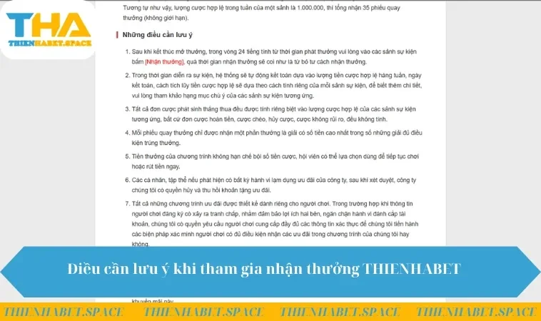 Điều cần lưu ý khi tham gia nhận thưởng THIENHABET