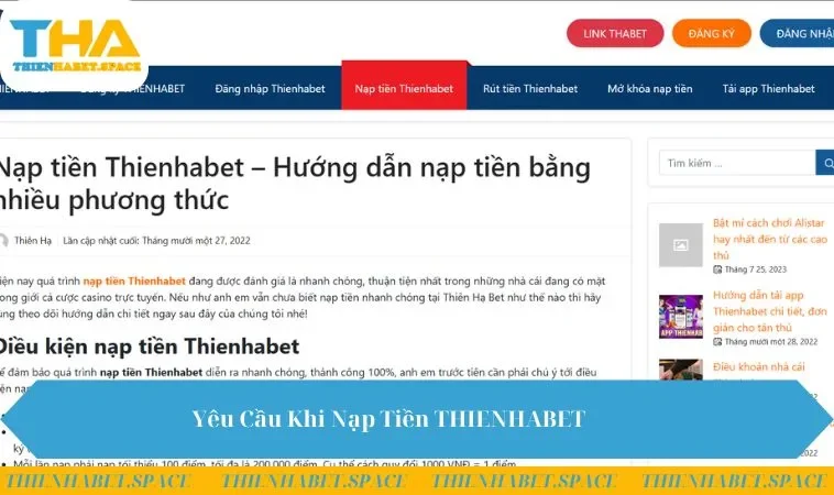 Yêu Cầu Khi Nạp Tiền THIENHABET